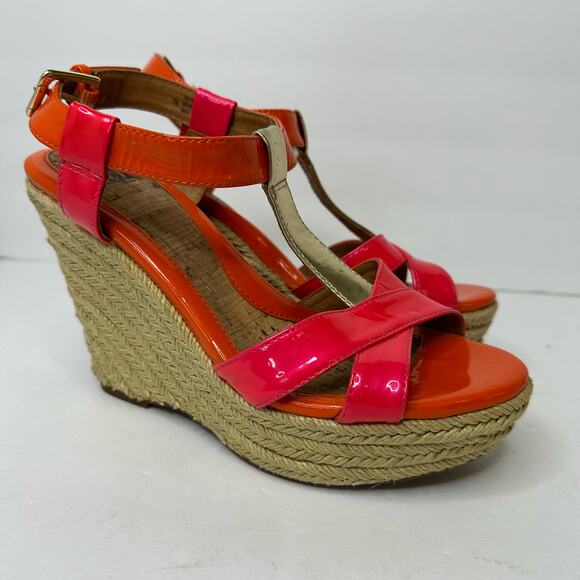 Sofft Womens size 7 Pedra Platform Patent Leather Pink Orange Heel Wedge Sandals - Picture 10 of 10